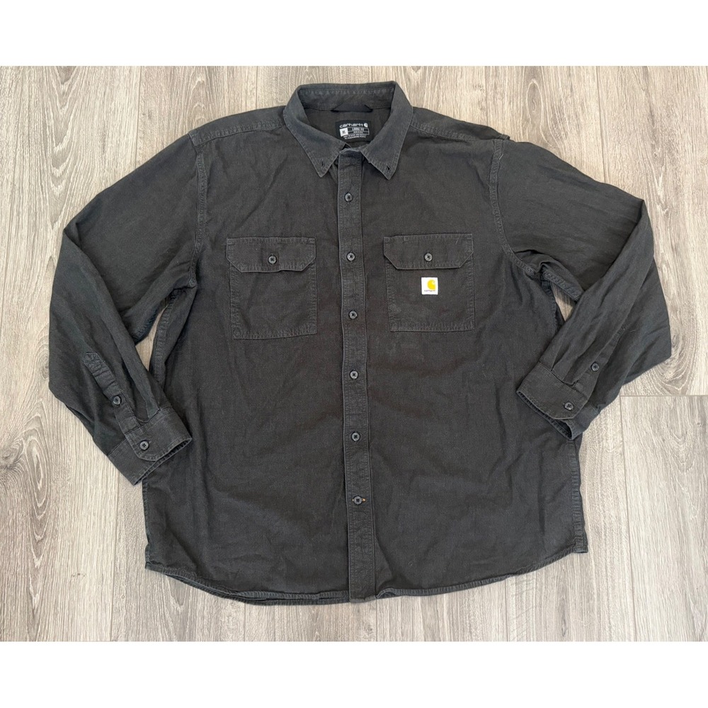 Carhartt Button Down Shirt XL Black Workwear Canvas Loose Fit Rugged Casual